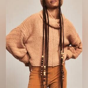Free People Be Yours Tan Cropped Oversized Turtleneck Sweater Size Small